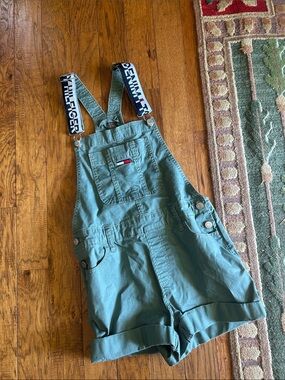 Tommy Hilfiger Olive-Green Denim Short Overalls with Logo Straps